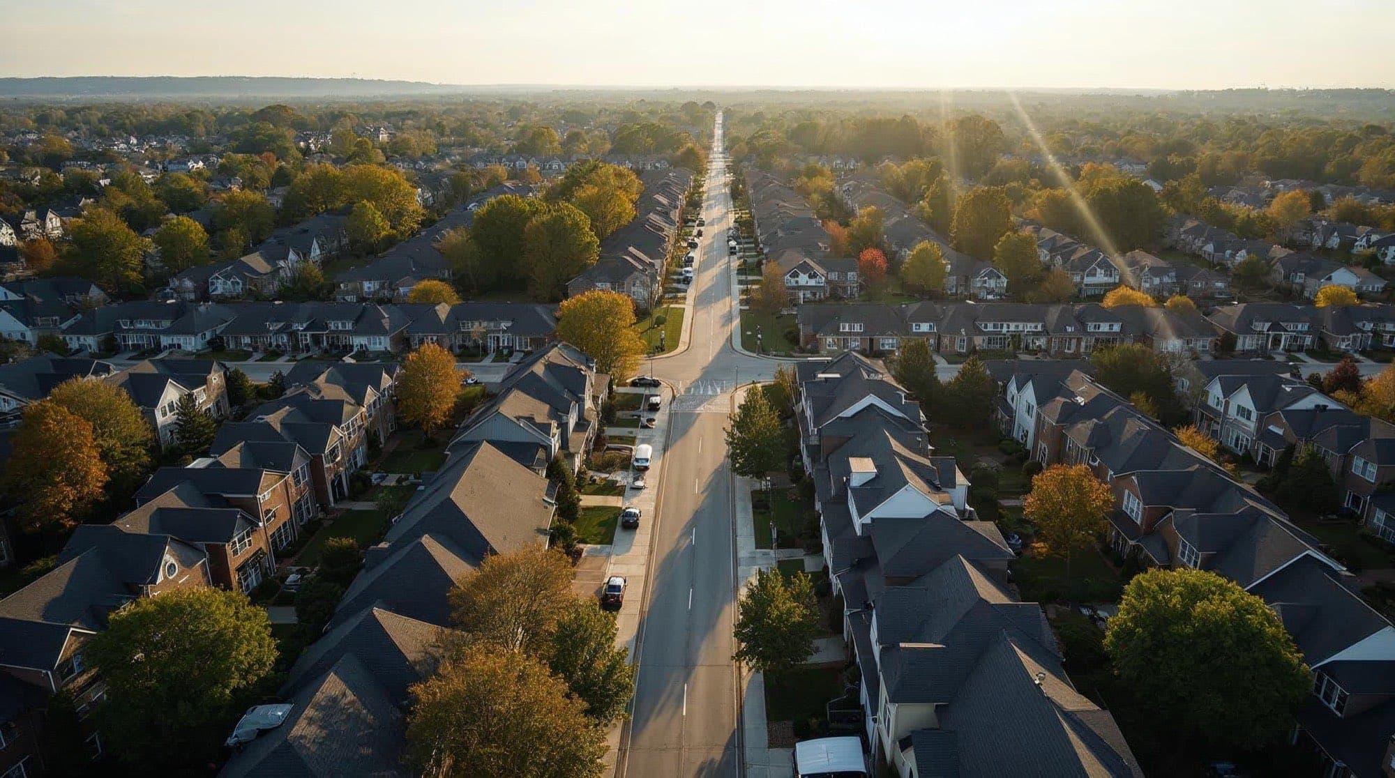 An elevated view across rows of suburban rooftops and tree-lined streets in clear morning light