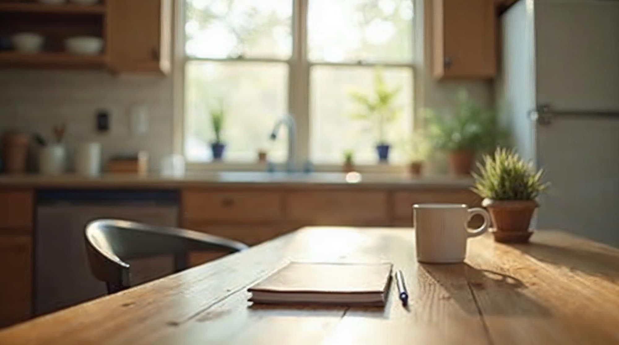 A wooden kitchen table beside a bright window, with a closed notebook, a pen and a coffee cup on it